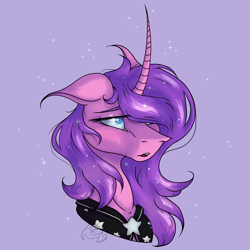 Size: 2898x2900 | Tagged: safe, artist:thelazyponyy, derpibooru import, oc, oc only, pony, unicorn, clothes, female, horn, mare, purple background, simple background, solo, unicorn oc