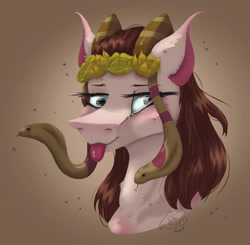 Size: 2674x2624 | Tagged: safe, artist:thelazyponyy, derpibooru import, oc, oc only, earth pony, pony, snake, :p, earth pony oc, flower, flower in hair, gradient background, signature, tongue, tongue out