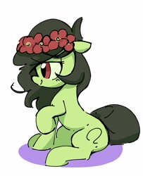 Size: 3123x3847 | Tagged: safe, artist:parfait, ponerpics import, oc, oc:anon-mare, earth pony, pony, female, filly, floral head wreath, flower, foal, profile, raised hoof, raised leg, side view, simple background, sitting, smiling, white background