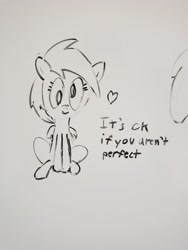 Size: 1536x2048 | Tagged: safe, artist:purppone, ponerpics import, derpy hooves, pegasus, pony, female, heart, mare, monochrome, simple background, sitting, smiling, whiteboard
