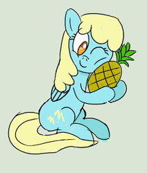 Size: 399x471 | Tagged: safe, artist:purppone, ponerpics import, sassaflash, pegasus, pony, female, food, gray background, hug, mare, one eye closed, pineapple, simple background, sitting, smiling