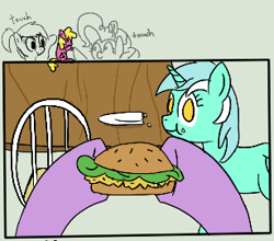 Size: 307x270 | Tagged: safe, artist:purppone, ponerpics import, cherry berry, lyra heartstrings, pinkie pie, twilight sparkle, earth pony, pony, unicorn, burger, chair, eating, female, food, hamburger, mare, offscreen character, plate, pov, smiling, table, twilight burgkle