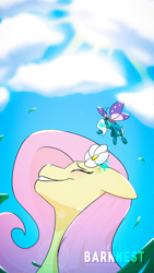 Size: 2160x3840 | Tagged: safe, artist:barnnest, fluttershy, oc, oc:vitæ, butterfly, insect, pegasus, pony, unicorn, blushing, carrying, eyes closed, female, flower, flower in hair, magic, male, mare, micro, smiling, stallion, telekinesis, watermark