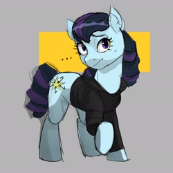 Size: 2654x2654 | Tagged: safe, artist:cadillacdynamite, coloratura, earth pony, pony, clothes, countess coloratura, female, looking at you, mare, raised hoof, raised leg, simple background, smiling, sweater