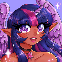 Size: 2048x2048 | Tagged: safe, artist:ashes-arts, derpibooru import, twilight sparkle, human, alicorn humanization, bare shoulders, blushing, bust, choker, clothes, dark skin, elf ears, female, gem, high res, horn, horned humanization, humanized, lipstick, looking at you, portrait, simple background, solo, sparkles, winged humanization, wings