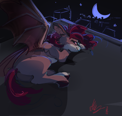 Size: 2924x2797 | Tagged: safe, artist:alumx, derpibooru import, oc, oc only, oc:bramble patch, bat pony, pony, bat pony oc, butt, crescent moon, fangs, female, high res, looking at you, looking back, looking back at you, lying down, mare, moon, night, plot, prone, solo, spread wings, wings