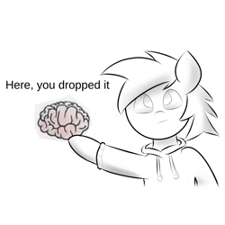 Size: 1960x1960 | Tagged: safe, artist:japkozjad, derpibooru import, oc, oc only, oc:apply, brain, clothes, digital art, here you dropped this, holding, hoodie, looking at you, meme, monochrome, organs, pointing, ponified, ponified meme, shading practice, simple background, text, white background