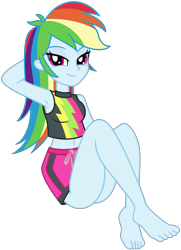 Size: 5184x7168 | Tagged: safe, artist:emeraldblast63, derpibooru import, rainbow dash, better together, equestria girls, forgotten friendship, absurd resolution, armpits, bare shoulders, barefoot, bedroom eyes, belly button, bikini, breasts, clothes, eyebrows, eyeshadow, feet, female, fixed, looking at you, makeup, midriff, sexy, simple background, sitting, solo, swimsuit, transparent background, trunks