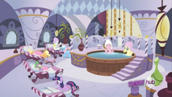 Size: 1334x750 | Tagged: safe, derpibooru import, screencap, applejack, fluttershy, lotus blossom, pinkie pie, rainbow dash, rarity, spike, twilight sparkle, ponyville confidential, hub logo, logo, mane six, ponyville spa, the hub