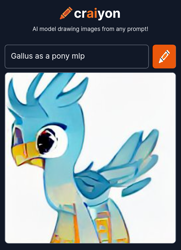 Size: 713x985 | Tagged: safe, artist:dall·e mini, artist:thegamerpainter, derpibooru import, machine learning generated, gallus, griffon, pony, craiyon, dall·e mini, fusion, machine learning abomination, not salmon, ponified, simple background, solo, text, wat, what has science done, white background