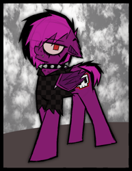 Size: 1404x1818 | Tagged: safe, artist:xxv4mp_g4z3rxx, derpibooru import, oc, oc:violet valium, bat pony, pony, bat pony oc, closed mouth, clothes, collar, emo, eyeliner, eyeshadow, fangs, female, folded wings, hoodie, makeup, mare, purple coat, red eyes, solo, spiked collar, torn ear, wings