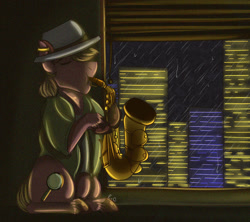 Size: 1024x911 | Tagged: safe, artist:sunflareworks, derpibooru import, oc, oc only, oc:phillip finder, fanfic:ponyville noire, city, cityscape, clothes, ear piercing, earring, eyes closed, hat, jewelry, music, musical instrument, night, piercing, rain, ring, saxophone, solo, trilby, vest, wedding ring, window