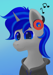 Size: 2480x3508 | Tagged: safe, artist:samenandsam, derpibooru import, oc, oc only, oc:sound shiver, pony, unicorn, clothes, head, hoodie, horn, male, smiling, solo