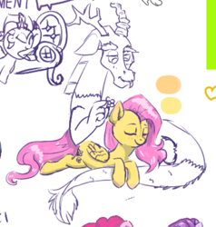 Size: 801x840 | Tagged: safe, artist:melonlicious, derpibooru import, screencap, discord, fluttershy, dragon, pegasus, pony, cute, simple background, sketch, unfinished art, white background