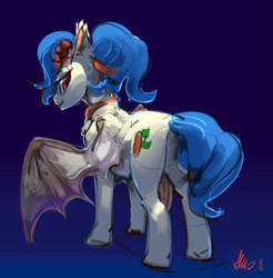 Size: 2339x2378 | Tagged: safe, artist:alumx, derpibooru import, oc, oc only, bat pony, pony, bat pony oc, bat wings, butt, female, flower, flower in hair, gradient background, high res, looking at you, looking back, looking back at you, mare, plot, rear view, solo, wings