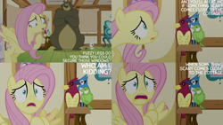 Size: 4400x2475 | Tagged: safe, derpibooru import, edit, edited screencap, editor:quoterific, screencap, angel bunny, fluttershy, harry, bear, pegasus, pony, rabbit, scare master, season 5, animal, female, fluttershy's cottage, flying, male, mare, open mouth, shrunken pupils, spread wings, text, wings