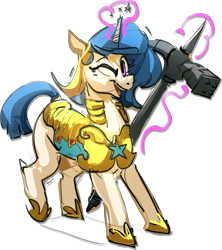 Size: 2505x2822 | Tagged: safe, artist:alumx, derpibooru import, oc, oc only, pony, unicorn, armor, female, glowing, glowing horn, guard armor, guardsmare, hammer, high res, horn, levitation, looking at you, magic, mare, one eye closed, open mouth, open smile, royal guard, simple background, smiling, solo, telekinesis, transparent background, war hammer, weapon, wink, winking at you