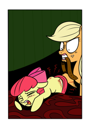 Size: 900x1271 | Tagged: safe, artist:catfood-mcfly, derpibooru import, edit, apple bloom, applejack, earth pony, pony, /mlp/, abuse, angry, applebuse, applejack is a spankaholic, belt, blushing, carrie, dubs comix, female, filly, foal, mare, reddened butt, spanking, whipping, wtf