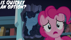 Size: 1920x1080 | Tagged: safe, derpibooru import, edit, edited screencap, editor:quoterific, screencap, pinkie pie, earth pony, pony, season 6, the crystalling, book, female, mare, open mouth, solo, text