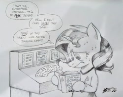 Size: 2048x1618 | Tagged: safe, artist:mellodillo, derpibooru import, sunset shimmer, pony, unicorn, book, crossover, female, frown, mare, pencil drawing, reading, solo, speech bubble, star trek, star trek (tos), sweat, traditional art