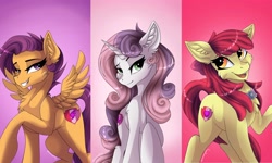 Size: 4096x2465 | Tagged: safe, alternate version, artist:disarrayedfay, derpibooru import, part of a set, apple bloom, scootaloo, sweetie belle, earth pony, pegasus, pony, unicorn, the last problem, all in one, chest fluff, clothes, cutie mark crusaders, ear fluff, ears, female, goldie delicious' shawl, grin, looking at you, mare, missing accessory, older, older apple bloom, older cmc, older scootaloo, older sweetie belle, raised eyebrow, raised hoof, raised leg, shawl, smiling, smiling at you, spread wings, the cmc's cutie marks, trio, triptych, wings