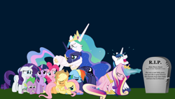 Size: 3264x1836 | Tagged: safe, artist:autiboysam, derpibooru import, applejack, fluttershy, pinkie pie, princess cadance, princess celestia, princess flurry heart, princess luna, rainbow dash, rarity, shining armor, spike, twilight sparkle, unicorn twilight, alicorn, dragon, earth pony, pegasus, pony, unicorn, applejack's hat, clothes, cowboy hat, crown, crying, eyes closed, female, gravestone, hat, horn, hug, implied death, jewelry, lying down, magic, male, mane seven, mane six, mare, moon, multicolored hair, prone, rainbow hair, raised hoof, raised leg, regalia, rest in peace, sad, shoes, sitting, sparkles, stallion, stone, sun, text, wings