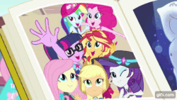 Size: 640x360 | Tagged: safe, derpibooru import, screencap, applejack, bulk biceps, fluttershy, pinkie pie, rainbow dash, rarity, sci-twi, sunset shimmer, twilight sparkle, better together, equestria girls, forgotten friendship, abs, animated, applejack's hat, book, canterlot high, cap, clothes, cowboy hat, cutie mark on clothes, eyes closed, female, geode of fauna, geode of shielding, geode of sugar bombs, geode of super speed, gif, gifs.com, glasses, hat, hoodie, humane five, humane seven, humane six, magical geodes, male, one eye closed, one-piece swimsuit, open mouth, open smile, smiling, swimsuit, tanktop, wink, yearbook, yearbook photo