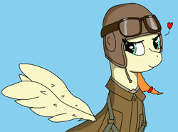 Size: 1102x817 | Tagged: safe, artist:goldenoshy1250, derpibooru import, pegasus, pony, aviation uniform, blue background, clothes, female, heart, looking at you, mare, pilot, simple background, smiling, smiling at you, spread wings, uniform, wings