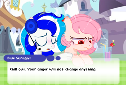 Size: 1024x696 | Tagged: safe, artist:be_yourself, derpibooru import, oc, oc:blue sunlight, oc:simy (siunocream nana), pegasus, pony, unicorn, angry, canterlot, chat bubble, duo, duo female, eyes closed, female, food, glass, horn, strawberry, table, talking