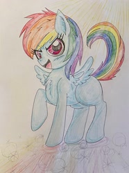 Size: 2222x2987 | Tagged: safe, artist:pinkamenademonpie, derpibooru import, rainbow dash, pegasus, pony, chest fluff, female, filly, foal, solo, traditional art