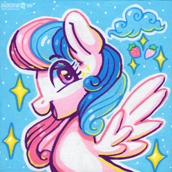 Size: 1759x1768 | Tagged: safe, artist:dandy, derpibooru import, oc, oc only, oc:strawberry dreamy, pegasus, pony, acrylic painting, female, looking at you, mare, open mouth, pegasus oc, smiling, solo, traditional art, wings