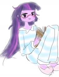 Size: 1069x1403 | Tagged: safe, artist:ponysprinkles, derpibooru import, twilight sparkle, equestria girls, book, clothes, female, glasses, looking at you, messy mane, pajamas, simple background, sitting, smiling, smiling at you, solo, white background