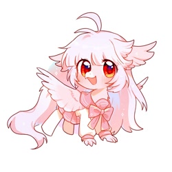 Size: 700x700 | Tagged: safe, artist:dreamsugar, derpibooru import, oc, oc only, bowtie, chibi, clothes, commission, eye clipping through hair, female, looking at you, open mouth, simple background, skirt, solo, spread wings, white background, wings