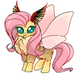 Size: 1068x1024 | Tagged: safe, artist:namaenonaipony, derpibooru import, fluttershy, insect, moth, mothpony, original species, chest fluff, female, fluttermoth, looking at you, mothified, simple background, solo, species swap, spread wings, tongue, tongue out, white background, wings