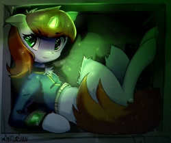 Size: 2200x1841 | Tagged: safe, artist:mistleinn, derpibooru import, oc, oc only, oc:littlepip, pony, unicorn, fallout equestria, clothes, female, glowing, glowing horn, green eyes, horn, pipbuck, solo