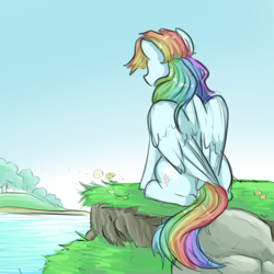 Size: 1000x1000 | Tagged: safe, artist:smirk, derpibooru import, rainbow dash, pegasus, pony, colored sketch, dandelion, female, flower, lake, mare, scenery, sitting, solo, tree, water