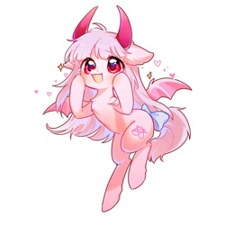 Size: 700x700 | Tagged: safe, artist:dreamsugar, derpibooru import, oc, oc only, bat pony, pony, bat wings, commission, female, flying, heart, horns, mare, open mouth, open smile, simple background, smiling, solo, sparkles, spread wings, white background, wings