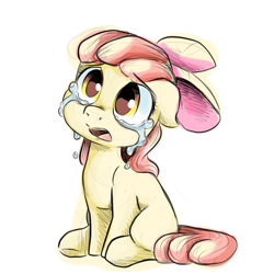 Size: 1000x1000 | Tagged: safe, artist:smirk, derpibooru import, apple bloom, earth pony, pony, bow, colored sketch, crying, female, filly, foal, hair bow, sad, sitting, solo