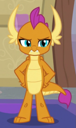 Size: 435x737 | Tagged: safe, derpibooru import, screencap, smolder, dragon, the hearth's warming club, cropped, hand on hip, looking at you, smolder is not amused, solo, unamused