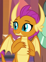 Size: 481x646 | Tagged: safe, derpibooru import, screencap, smolder, yona, dragon, yak, non-compete clause, cropped, cute, dragoness, female, partially open wings, smolderbetes, solo focus, wings