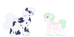 Size: 1280x640 | Tagged: safe, artist:itstechtock, derpibooru import, oc, oc:flitter flutter, oc:snowflake obsidian, pegasus, pony, parent:blossomforth, parent:double diamond, simple background, white background