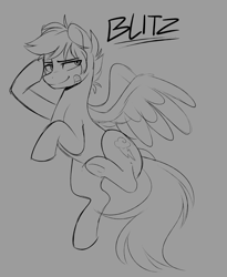 Size: 1504x1838 | Tagged: safe, artist:higglytownhero, derpibooru import, rainbow blitz, rainbow dash, pegasus, pony, bandaid, gray background, male, monochrome, raised hoof, raised leg, rule 63, salute, simple background, sketch, solo, stallion, underhoof