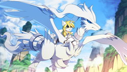 Size: 3000x1688 | Tagged: safe, artist:redchetgreen, derpibooru import, oc, oc only, oc:star nai, alicorn, pony, alicorn oc, horn, legendary pokémon, pokémon, reshiram, wings