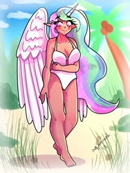 Size: 1800x2400 | Tagged: safe, artist:ashes-arts, artist:mylittleyuri, derpibooru import, princess celestia, human, alicorn humanization, barefoot, beach, bikini, bikini bottom, bikini top, breasts, clothes, coconut, cute, cutelestia, elf ears, fat, feet, female, food, horn, horned humanization, humanized, palm tree, sand, solo, swimsuit, tree, winged humanization, wings