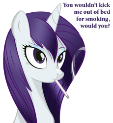 Size: 650x708 | Tagged: safe, artist:johnjoseco, derpibooru import, rarity, pony, unicorn, cigarette, dialogue, eyeshadow, female, horn, loose hair, makeup, mare, simple background, smiling, smoke, smoking, text, transparent background, wet, wet hairity, wet mane, wet mane rarity, wrong eye color