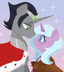 Size: 799x900 | Tagged: safe, artist:snow angel, derpibooru import, idw, king sombra, radiant hope, pony, unicorn, female, gradient background, hopebra, lidded eyes, looking at each other, looking at someone, male, mare, reformed sombra, shipping, smiling, stallion, straight