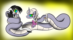 Size: 1024x571 | Tagged: safe, artist:lunahazacookie, derpibooru import, oc, oc only, earth pony, lamia, original species, abstract background, coils, colored, duo, earth pony oc, female, hypno eyes, kaa eyes, male, mare, mind control, stallion, unshorn fetlocks