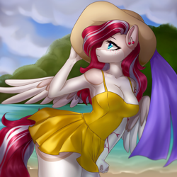 Size: 5000x5000 | Tagged: safe, artist:yutakira92, derpibooru import, oc, oc only, oc:cherry heart, anthro, pegasus, beach, blue eyes, cherry, clothes, colored wings, cutie mark, day, ear piercing, earring, female, food, freckles, hat, jewelry, looking sideways, looking to side, looking to the left, looking up, pattern, piercing, red hair, ribbon, skirt swimsuit, solo, solo female, spread wings, sun hat, swimsuit, tail, tan coat, two toned mane, two toned tail, two toned wings, water, wings, yellow swimsuit