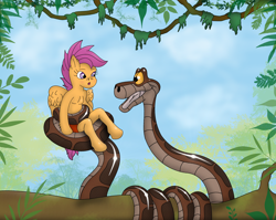 Size: 2982x2368 | Tagged: safe, artist:kinipharian, derpibooru import, scootaloo, pegasus, semi-anthro, snake, arm hooves, coils, crossover, duo, female, kaa, loincloth, male, mowgli, smiling, the jungle book