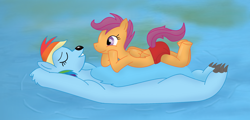 Size: 2656x1280 | Tagged: safe, artist:kinipharian, derpibooru import, rainbow dash, scootaloo, bear, pegasus, anatomically incorrect, baloo, bearified, crossover, duo, eyes closed, incorrect leg anatomy, lango, mowgli, pond, relaxing, sloth bear, species swap, the jungle book, water